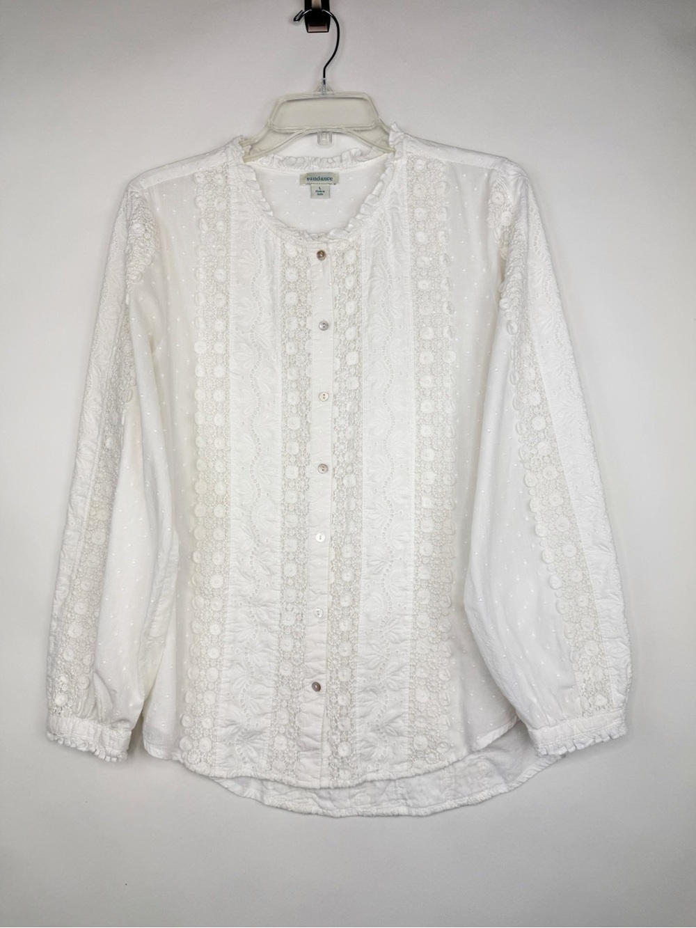 Sundance White Embroidered Eyelet Button Front Blouse Sz L